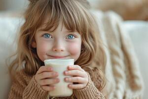 ai generato bambino Tenere un' tazza di latte bevanda foto