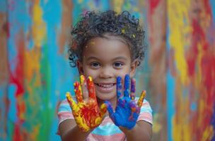 ai generato contento bambino Tenere colorato pittura mani bambino piccolo foto