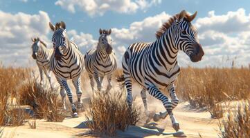ai generato zebre condurre cavalli attraverso deserto foto