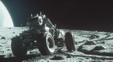 ai generato un tuta con un' spazio rover su il Luna foto