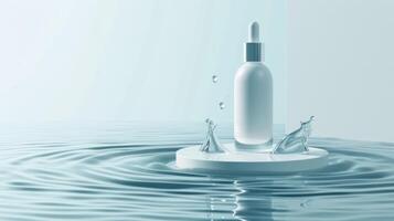 ai generato idratante idratante di un' cosmetico gocciolina bottiglia visualizzato su il podio galleggiante su il ondulato ondulazione acqua foto