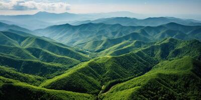 ai generato un' panorama aereo Immagine di montagne di verde foreste, eco-friendly artigianato foto