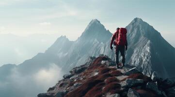 ai generato uomo arrampicata un' montagna foto