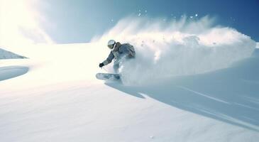 ai generato uomo nel blu snowboarder salto al di sopra di un' nevoso montagna ciclista foto