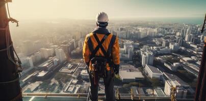 ai generato un' costruzione lavoratore è in piedi nel un' città foto