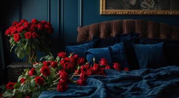 ai generato romantico Camera da letto con fresco Rose di un' letto foto