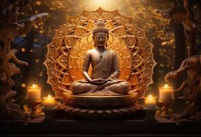 ai generato Budda seduta nel un' d'oro telaio foto