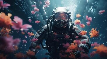 ai generato un' autorespiratore tuffatore subacqueo circondato di acqua gigli con fiori foto
