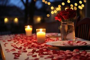 ai generato rosa petali, a forma di cuore piatti, e tremolante lume di candela foto
