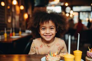 ai generato poco ragazza sorridente a un' ristorante per sua compleanno festa foto