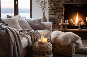 ai generato inverno casa arredamento un' vivente camera con candele, un' il camino, coperta e lana foto