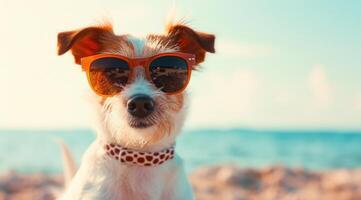 ai generato un' cane indossare occhiali da sole su un' spiaggia foto