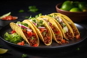 ai generato messicano tacos con Manzo nel pomodoro salsa e salsa generativo ai foto