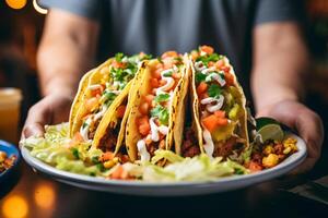 ai generato vicino su persona Tenere piatto con taco generativo ai foto