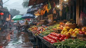 ai generato generativo ai, tradizionale orientale asiatico mercato con frutta e verdure sotto il pioggia con ombrelli foto