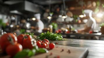 ai generato generativo ai, occupato chef Lavorando su il ristorante cucina , sfocato sfondo foto