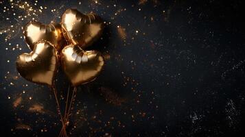 ai generato generativo ai, Foglio d'oro palloncini nel cuore forma e coriandoli per San Valentino giorno o nozze con copia spazio foto