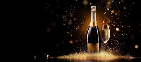 ai generato generativo ai, d'oro Champagne bottiglia modello con bicchiere su buio sfondo, d'oro luci e coriandoli foto