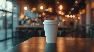 ai generato generativo ai, bianca carta tazza su il tavolo nel il caffè negozio interno, boccale finto su vuoto. foto