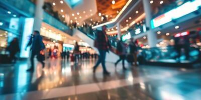 ai generato generativo ai, shopping centro commerciale con le persone, movimento sfocatura, sfocato astratto sfondo foto