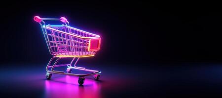 ai generato generativo ai, neon shopping carrello su buio sfondo, anni 80 e anni 90 stile, minimalista negozio in linea, gratuito consegna, sconti e vendita concetto. foto