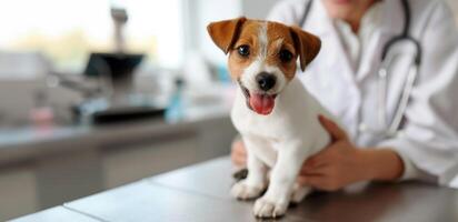 ai generato generativo ai, carino piccolo cane essere esaminato di professionale veterinario nel veterinario clinica foto