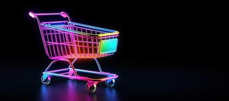 ai generato generativo ai, neon shopping carrello su buio sfondo, anni 80 e anni 90 stile, minimalista negozio in linea, gratuito consegna, sconti e vendita concetto. foto