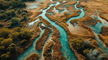 ai generato generativo ai, aereo Visualizza di labirinto corsi d'acqua, fuco foto, bellissimo paesaggio foto