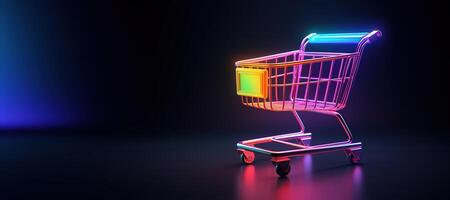 ai generato generativo ai, neon shopping carrello su buio sfondo, anni 80 e anni 90 stile, minimalista negozio in linea, gratuito consegna, sconti e vendita concetto. foto