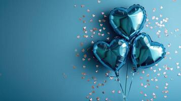 ai generato generativo ai, Foglio blu palloncini nel cuore forma e coriandoli per San Valentino giorno o nozze con copia spazio foto