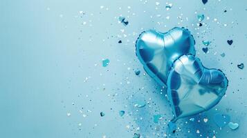 ai generato generativo ai, Foglio blu palloncini nel cuore forma e coriandoli per San Valentino giorno o nozze con copia spazio foto