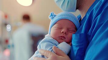 ai generato generativo ai, pediatra medico Tenere un' neonato bambino nel Ospedale, concetto di parto e assistenza sanitaria professionisti foto