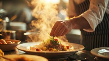 ai generato generativo ai, capocuoco è cucinando con cottura a vapore caldo padella, occupato ristorante cucina foto