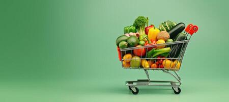 ai generato generativo ai, shopping carrello con verdure e frutta dentro, salutare cibo concetto, sconto e saldi. foto