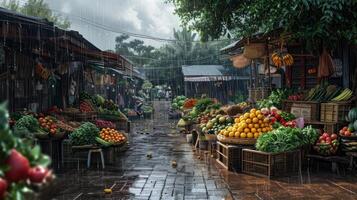 ai generato generativo ai, tradizionale orientale asiatico mercato con frutta e verdure sotto il pioggia con ombrelli foto