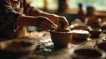 ai generato generativo ai, ragazzo mani con argilla fabbricazione di un' ceramica pentola nel il ceramica laboratorio studio, passatempo e tempo libero concetto foto