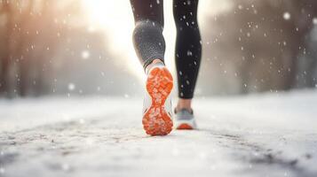 ai generato uomo a piedi su neve con risatine nel il mattina indietro lato Visualizza foto