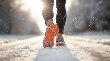 ai generato uomo a piedi su neve con risatine nel il mattina indietro lato Visualizza foto