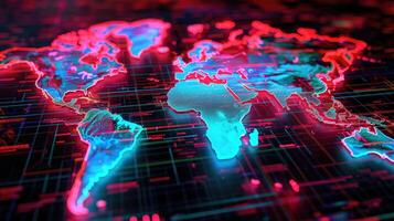 ai generato mondo carta geografica raggiante punto e linea composizione concetto di globale attività commerciale e Rete foto