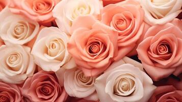 ai generato un' superiore Visualizza di bellissimo rosa Rose nel vario sfumature, formatura un' floreale sfondo struttura foto
