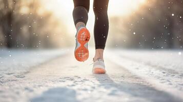 ai generato uomo a piedi su neve con risatine nel il mattina indietro lato Visualizza foto