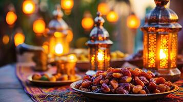 ai generato tradizionale Arabo lanterne con piatto di date, Ramadan sfondo foto