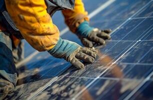 ai generato un' lavoratore è Tenere un elettricista solare pannello foto