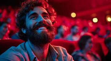 ai generato un' bello barbuto uomo sorridente nel un' Teatro mentre nel il film foto