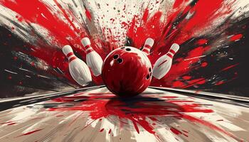 ai generato un' bowling palla Crashing in il perni foto