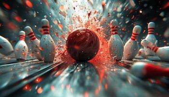 ai generato un' bowling palla Crashing in il perni foto