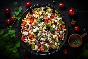 ai generato pasta insalata con feta formaggio, pomodori e cetrioli foto