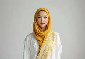 ai generato asiatico modello nel bianca kebaya e giallo hijab foto