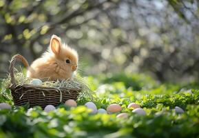 ai generato bambino coniglio nel cestino con uova nel primavera paesaggio foto