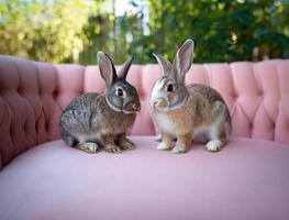 ai generato Pasqua coniglietti rilassante su un' rosa divano foto